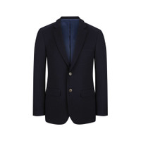 A navy blue men's blazer featuring a single-breasted design, two front pockets, and a tailored fit.