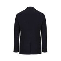 The back view of a navy blue men's blazer featuring a single-breasted design, two front pockets, and a tailored fit.