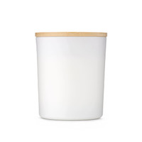 A large white glass candle with a bamboo lid, designed for home and living decor.
