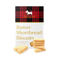 A pack of Scottie Dog Butter Shortbread Biscuits featuring a tartan design and several biscuits displayed in front.