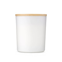 A white ceramic container with a bamboo lid, featuring a minimalist design and a logo on the side.