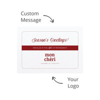 A white card featuring a festive greeting with a red accent and space for a custom message. Includes a logo.