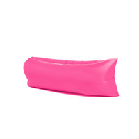 A pink inflatable lazy bed with a sleek design, suitable for relaxation. Features a logo on the side.