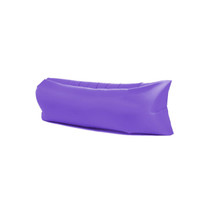 A purple inflatable lazy bed with a sleek, minimalist design, featuring a branded logo.