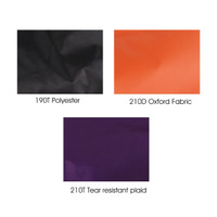 Three fabric swatches: black 190T polyester, orange 210D Oxford fabric, and purple 210D tear-resistant plaid.
