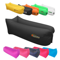 A collection of inflatable lazy beds in various colours, including black, pink, green, and white, with logos.