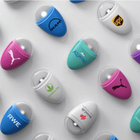 A collection of colourful capsule-shaped water bottles featuring various logos, in shades of blue, pink, purple, and white.