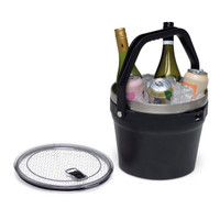 A black 7.2L bucket with a handle, containing drinks surrounded by ice, alongside a transparent lid.