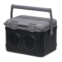 A portable sound box in black and grey, featuring a handle and two speaker outlets. Includes a sturdy, sealed lid.