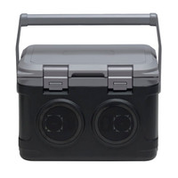 A portable sound box in black with a grey lid, featuring a sturdy handle and two speaker openings.