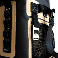 Close-up of a stylish, durable backpack with black straps and tan accents.