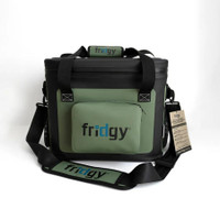 Fridgy green insulated cooler bag with shoulder strap and front pocket.
