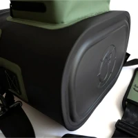 Bottom corner detail of the Fridgy 20L cooler bag highlighting the rugged molded base and durable waterproof construction for outdoor use.