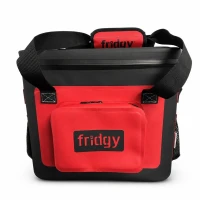 Front view of a black and red Fridgy 20L cooler bag showcasing a waterproof accessory pocket, reinforced carry handles, and a heavy-duty insulated design for outdoor adventures.