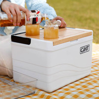 A white cooler box with a wooden lid, featuring two jars filled with drinks. It has a logo on the side.