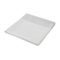 A folded grey towel with a striped design at the top. It features a soft texture and a simple, modern look.