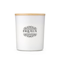 A white candle jar with a bamboo lid, featuring a decorative logo on the front.