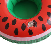 An inflatable cup holder in a watermelon design featuring red, green, and black colours. Includes a logo.