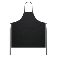 A black canvas apron with a large front pocket and adjustable straps. It features a logo on the fabric.
