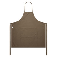 A brown canvas apron featuring a front pocket and neck ties. The apron has a branding label.