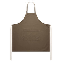 A brown canvas apron featuring a front pocket and adjustable ties at the neck and sides.