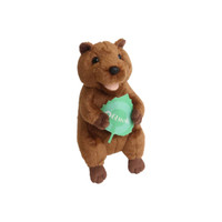 A brown quokka plush toy holding a green leaf, featuring a cute, smiling face and soft texture.