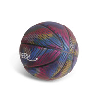 A holographic basketball featuring vibrant shades of purple, blue, red, and green, with a logo on its surface.