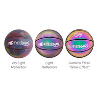 A holographic basketball in various lighting conditions, displaying vibrant, reflective colours. The ball features a logo.