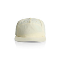A pale yellow cap with a curved brim and a logo on the front. The design features a simple and clean aesthetic.