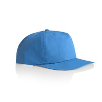 A blue cap with a curved brim and an adjustable back, featuring a logo on the front.