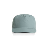 A light green cap featuring a structured design and a logo on the front. Suitable for headwear promotion.