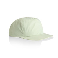 A light green cap with a flat brim and a logo on the side, designed for headwear and sun protection.