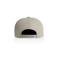 A light grey cap with a plastic adjustable strap at the back, featuring a logo.