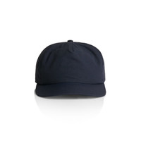 A navy cap with a rounded crown and a curved brim, featuring a logo on the front.