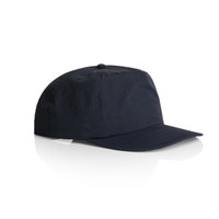 A navy blue cap with a rounded crown and a stiff brim. Features a logo on the front.