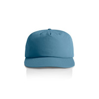 A blue cap with a structured design and a logo on the front.