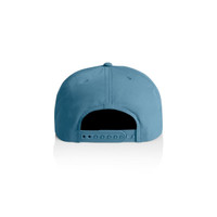 A blue cap featuring a logo, viewed from the back with an adjustable strap.