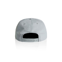 A grey cap with a snapback closure, featuring a logo on the back.