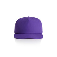 A purple cap featuring a structured front panel and a curved brim, with a logo on the side.