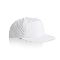 A white Surf Cap featuring a structured design and a curved brim, with a small logo on the side.