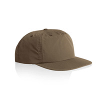 A brown cap with a flat brim and structured crown. The cap features stitching details and a logo on the side.