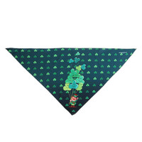 A triangular pet bandana in dark green featuring a playful design with light green balloons and a character.