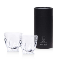 A whisky glass set featuring two clear, intricately designed glasses packaged in a sleek black cylindrical box.