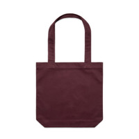 A maroon tote bag with two long handles and a plain design, featuring a logo on one side.