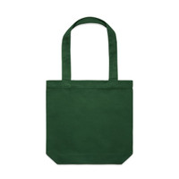 A green tote bag with two handles and a square shape. It features a branding logo on one side.