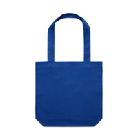 A blue tote bag with two long handles and a spacious main compartment, featuring a branding logo.