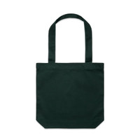 A dark green tote bag with two handles and a simple design. The bag features a logo.