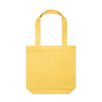 A yellow tote bag with two handles and a plain design. It has a logo on one side.