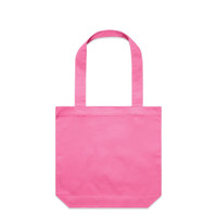 A pink tote bag with two handles and a square base. The bag has a simple design and includes a logo.