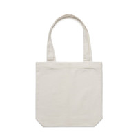 A beige tote bag with long handles and a simple design, featuring a logo.